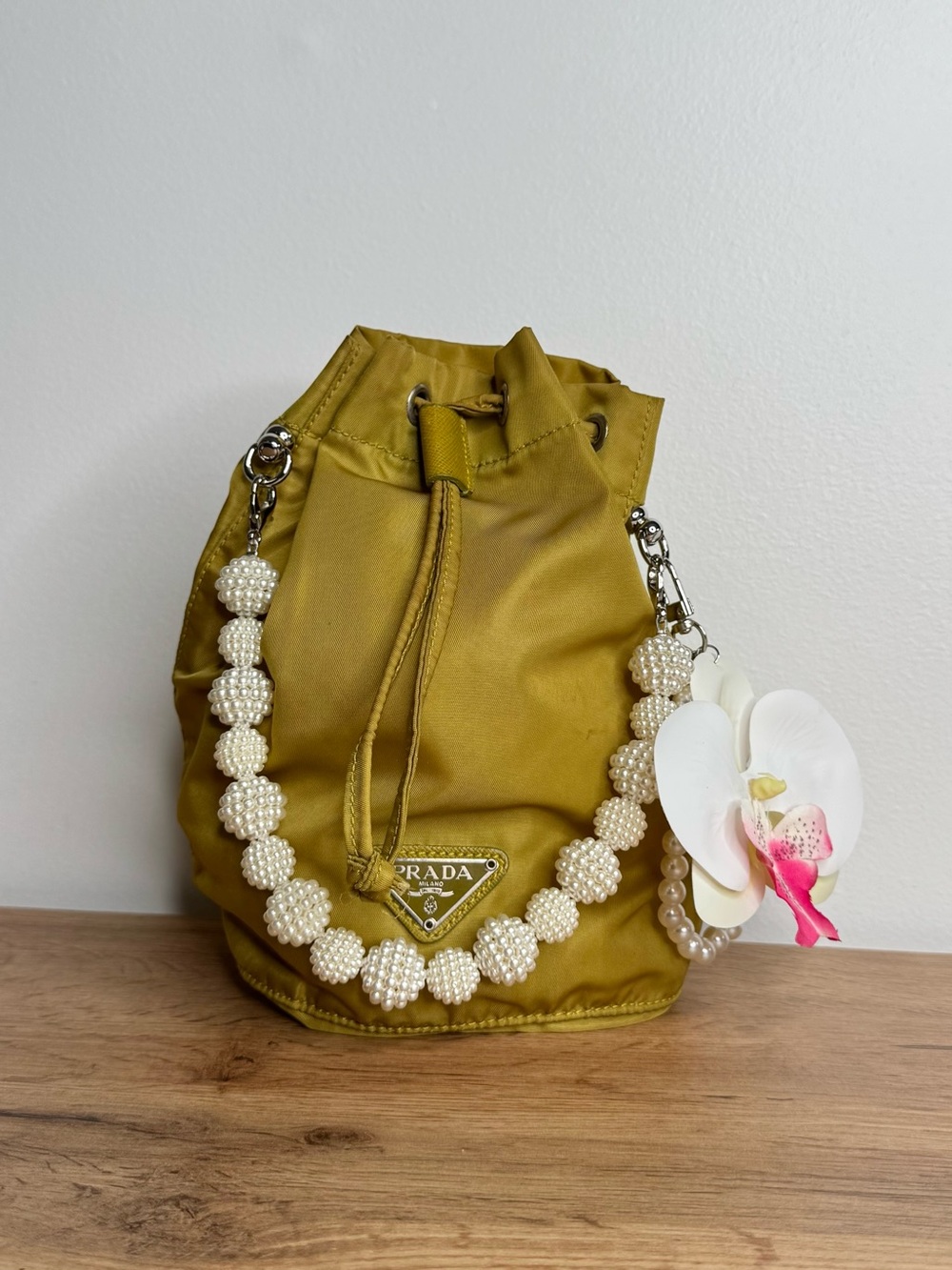 Authentic Prada Green Nylon Mini Drawstring Bucket Cosmetic Pouch Bag Pearl Y2K